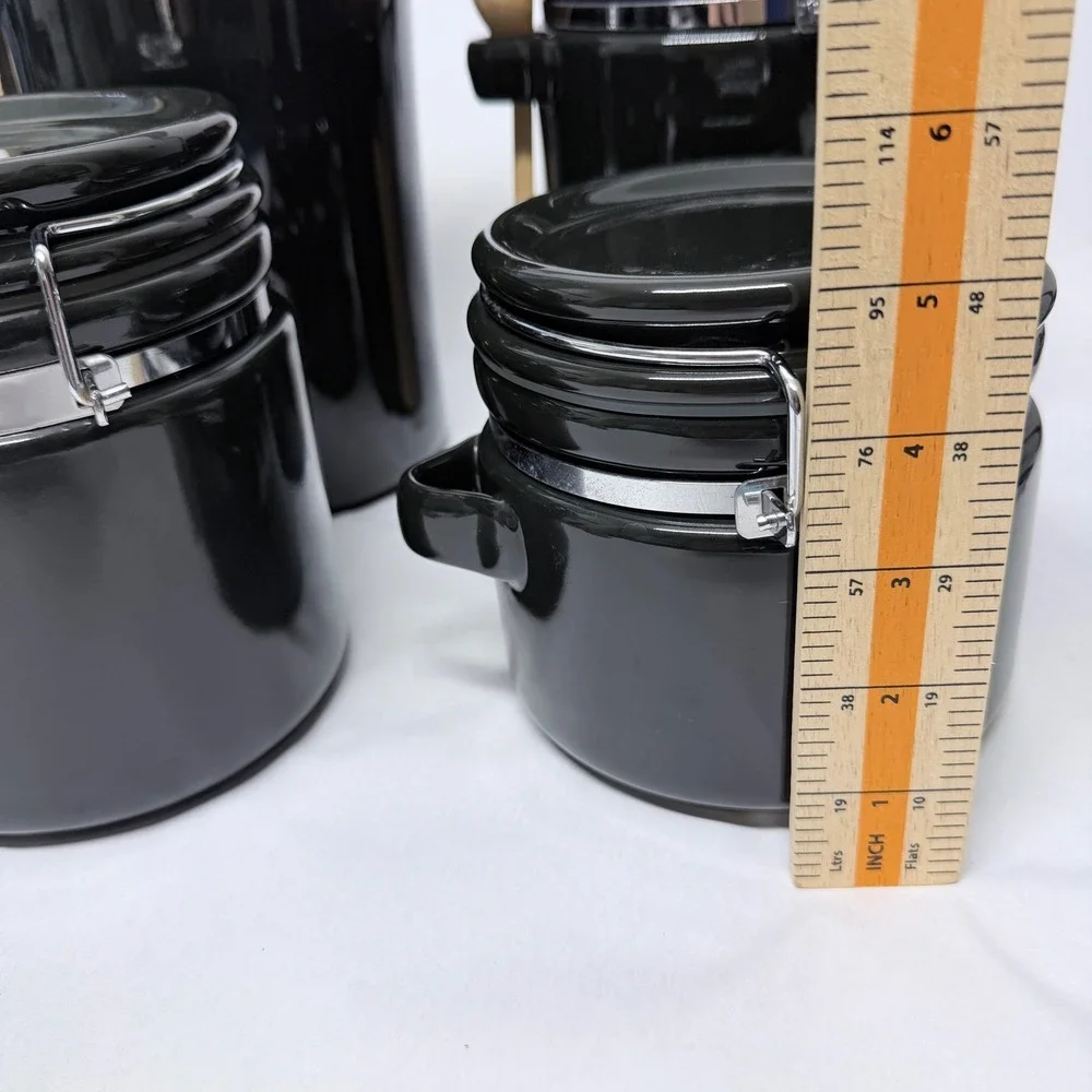 Black Ceramic Canister Set 4 Piece Airtight Locking Lids with Wooden Spoons